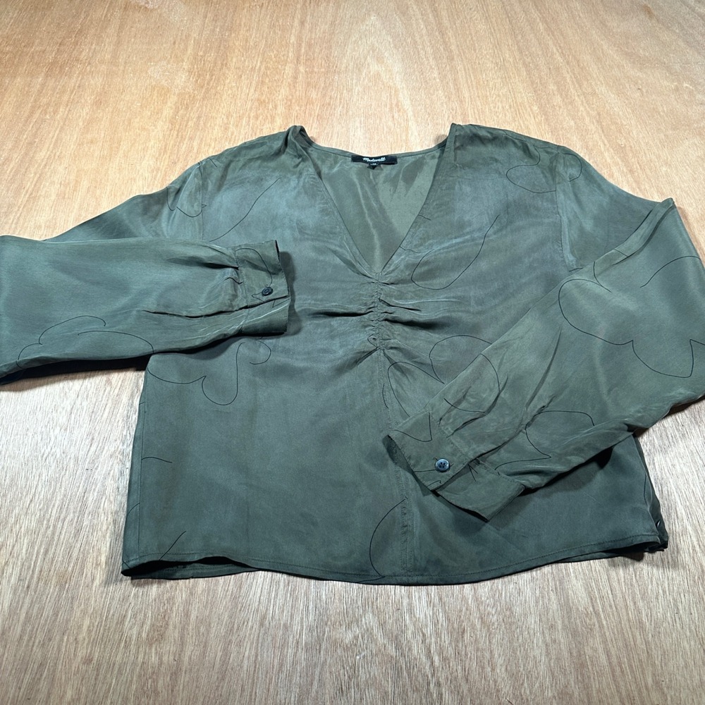 Madewell Blouse Women 10 Olive Green Floral V-Neck Ruched Long Sleeve Side Zip